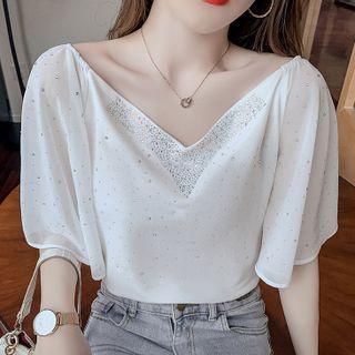 Two-way Short-sleeve V-neck Chiffon Top