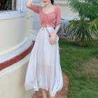 Elbow-sleeve Drawstring Front Top / High-waist Pleated Skirt