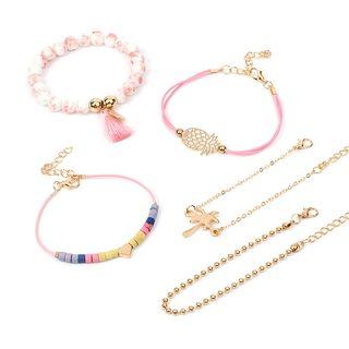 Set Of 5: Tree / Pineapple / Tassel / Bead Bracelet (various Designs) Pink - One Size