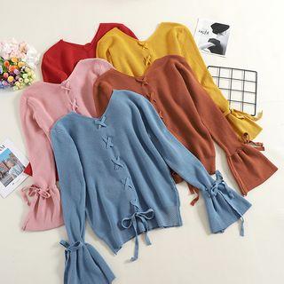 V-neck Lace-up Long-sleeve Knit Top