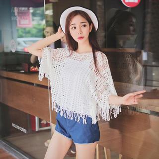 Elbow-sleeve Cutout Knit Top
