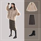 Furry Plain Coat / Turtleneck Plain Top / Plaid A-line Skirt