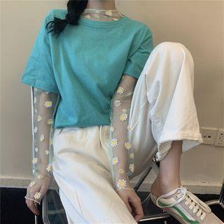 Short-sleeve Plain T-shirt / Long-sleeve Embroidered Mesh Top