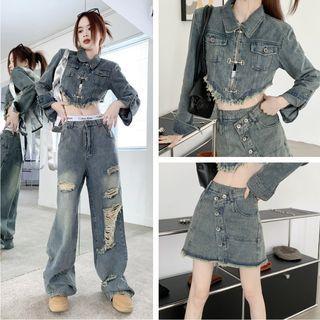 Distressed Cropped Denim Jacket / Distressed High-waist Loose-fit Jeans / Denim Mini Skirt