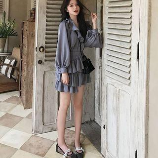 Set: Balloon-sleeve Ruffle Blouse + Tiered A-line Skirt