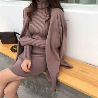 Set: Turtleneck Sweater + Knit Skirt + Long Cardigan