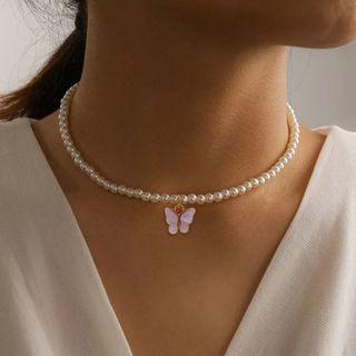 Butterfly Cat Eye Stone Pendant Faux Pearl Choker