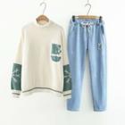 Set: Print Sweater + Straight-leg Jeans