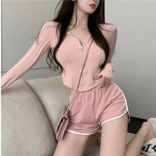 Long-sleeve Zipped T-shirt / Contrast Trim Shorts