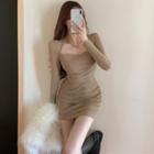 Long-sleeve Mesh Shirred Mini Bodycon Dress