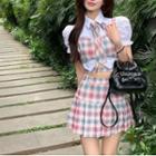 Puff-sleeve Crop Shirt / Plaid Camisole Top / Pleated A-line Skirt