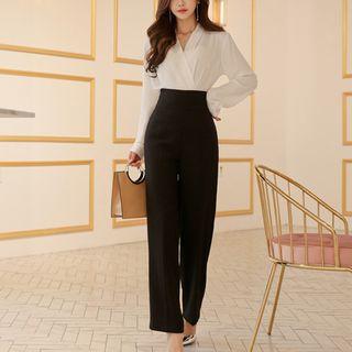 Long-sleeve Plain Blouse / Wide-leg Pants
