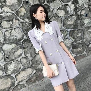 Elbow-sleeve Collar Double-breasted Mini Sheath Dress
