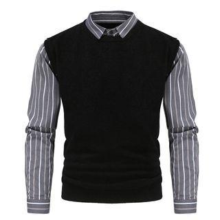 Mock Two-piece Striped Sweater Vest Shirt