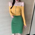 Long-sleeve Button Knit Top / Mini Fitted Skirt