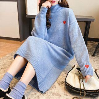 Heart Embroidered Mock-turtleneck Midi Sweater Dress
