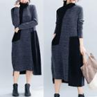 Mock Turtleneck Color Block Long-sleeve Midi Knit Dress