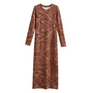Long-sleeve Patterned Maxi Sheath Dress