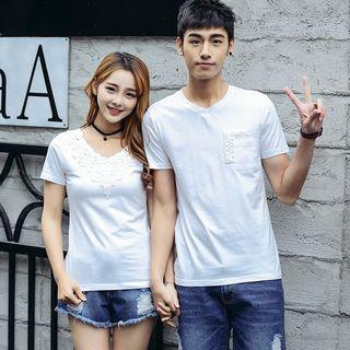 Couple Matching Crochet Trim Short Sleeve T-shirt