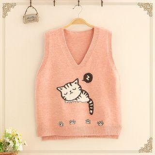 Cat Print V-neck Knit Vest