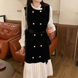 Long-sleeve Double-breasted Pleated Midi A-line Dress Black - One Size