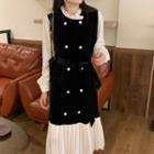 Long-sleeve Double-breasted Pleated Midi A-line Dress Black - One Size