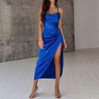 Plain Satin Split Midi Dress