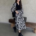 Long-sleeve Paneled Floral Print Midi A-line Dress As Shown In Figure - One Size