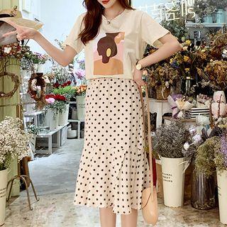 Set: Printed Short-sleeve T-shirt + Dotted Ruffle Hem Pencil Skirt