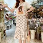 Set: Printed Short-sleeve T-shirt + Dotted Ruffle Hem Pencil Skirt
