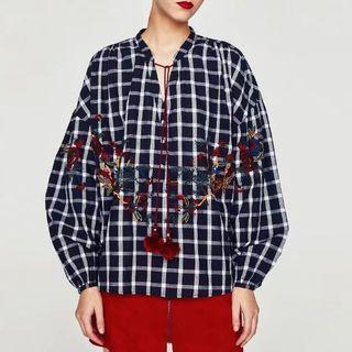 Long Sleeve Floral Embroidered Fringed Top