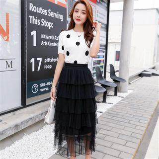 Dotted Short Sleeve Top / Ruffled Mesh Dress