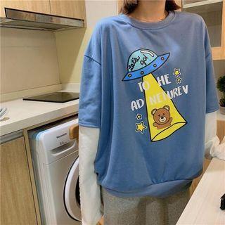 Bear & Ufo Print Inset Long-sleeve Top