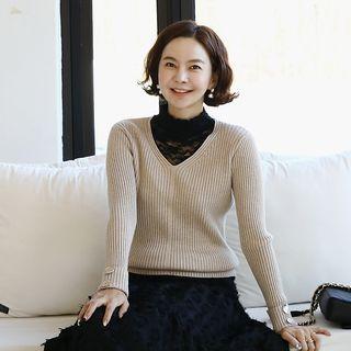 Lace-panel Button-cuff Rib-knit Top