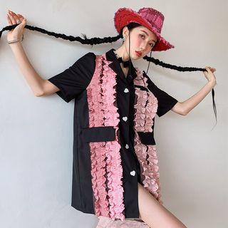 Elbow-sleeve Ruffled Mini Blazer Dress