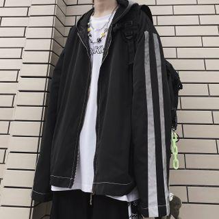Couple Matching Reflective Stripe Hooded Zip Jacket Black - One Size
