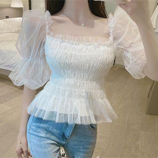 Puff-sleeve Mesh-panel Smocked Blouse