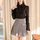 Tie-neck Blouse / Pleated A-line Mini Skirt