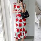 Ruffle Hem Rose Printed Sleeveless Dress