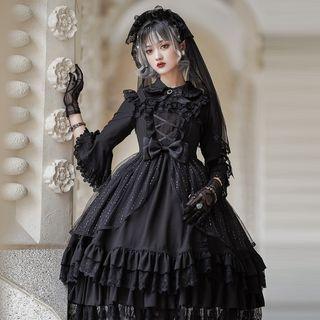 Lace Trim Lolita Jumper Skirt / Bell-sleeve Ruffle Trim Blouse / Lace Veil / Set