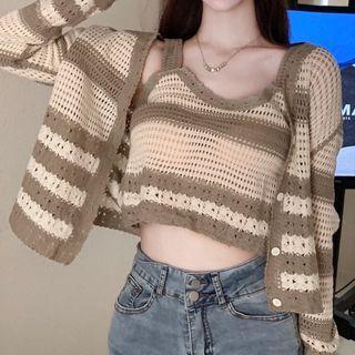 Two-tone Striped Cardigan / Crop Camisole Top