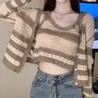 Two-tone Striped Cardigan / Crop Camisole Top