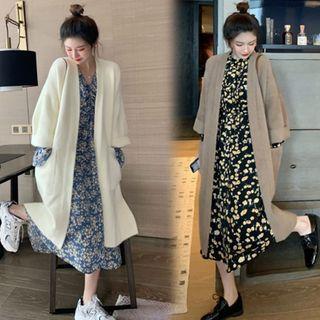 Long-sleeve Floral Print Midi A-line Dress / Open Front Cardigan