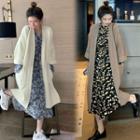 Long-sleeve Floral Print Midi A-line Dress / Open Front Cardigan