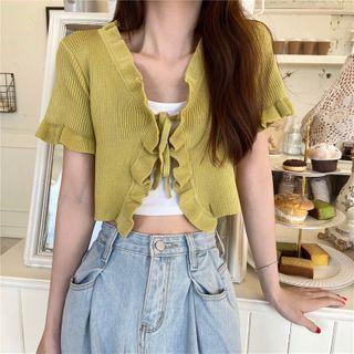 Short-sleeve Ruffle Trim Drawstring Knit Top