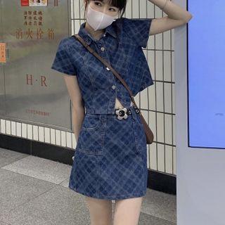 Set: Short-sleeve Denim Shirt + Skirt