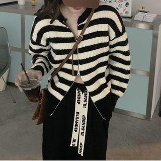 Long-sleeve Striped  Zip Knit  Cardigan Stripe - One Size