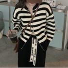Long-sleeve Striped  Zip Knit  Cardigan Stripe - One Size