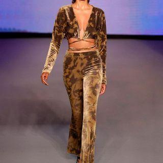 Set: Velvet Leopard Print Long-sleeve Crop Top + Wide Leg Pants