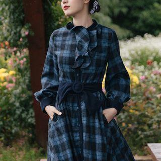 Long-sleeve Ruffled Belted Plaid Midi A-line Dress